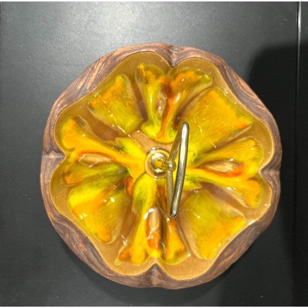 Vintage Sequoia Ware Nut Bowl Drip Glaze Orange/Yellow with Handle made in USA